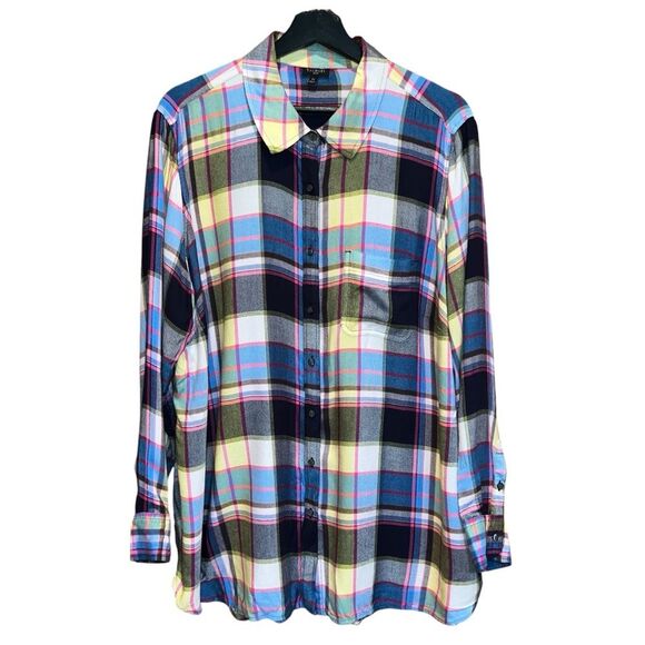 Talbots Plaid‎ Tunic Button Up Top Womens 2X Blue Pink Pastel Long Sleeve Shirt - Picture 1 of 11